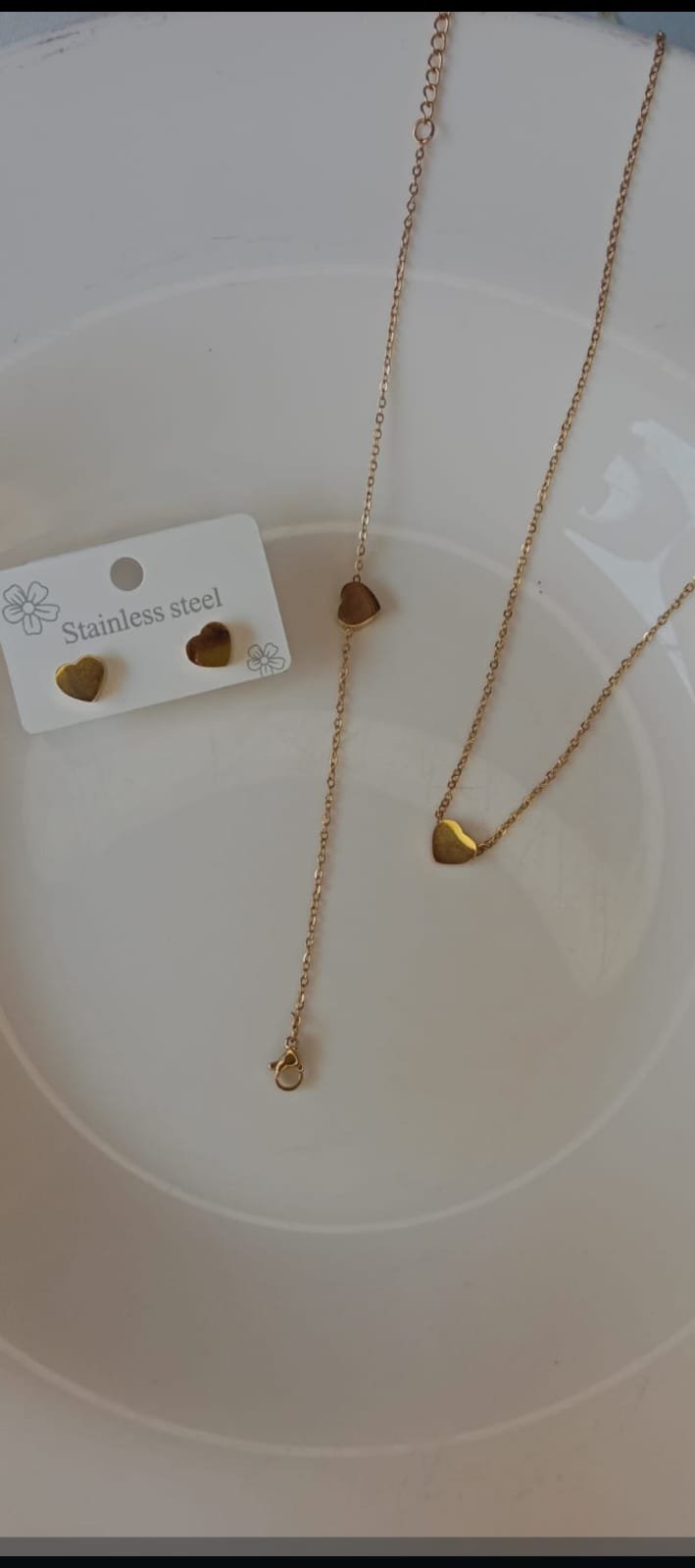 Heart Crystal Pendant Necklace Earrings Bracelet set 316L Stainless-Steel Gold-Plated Chain - Image 3