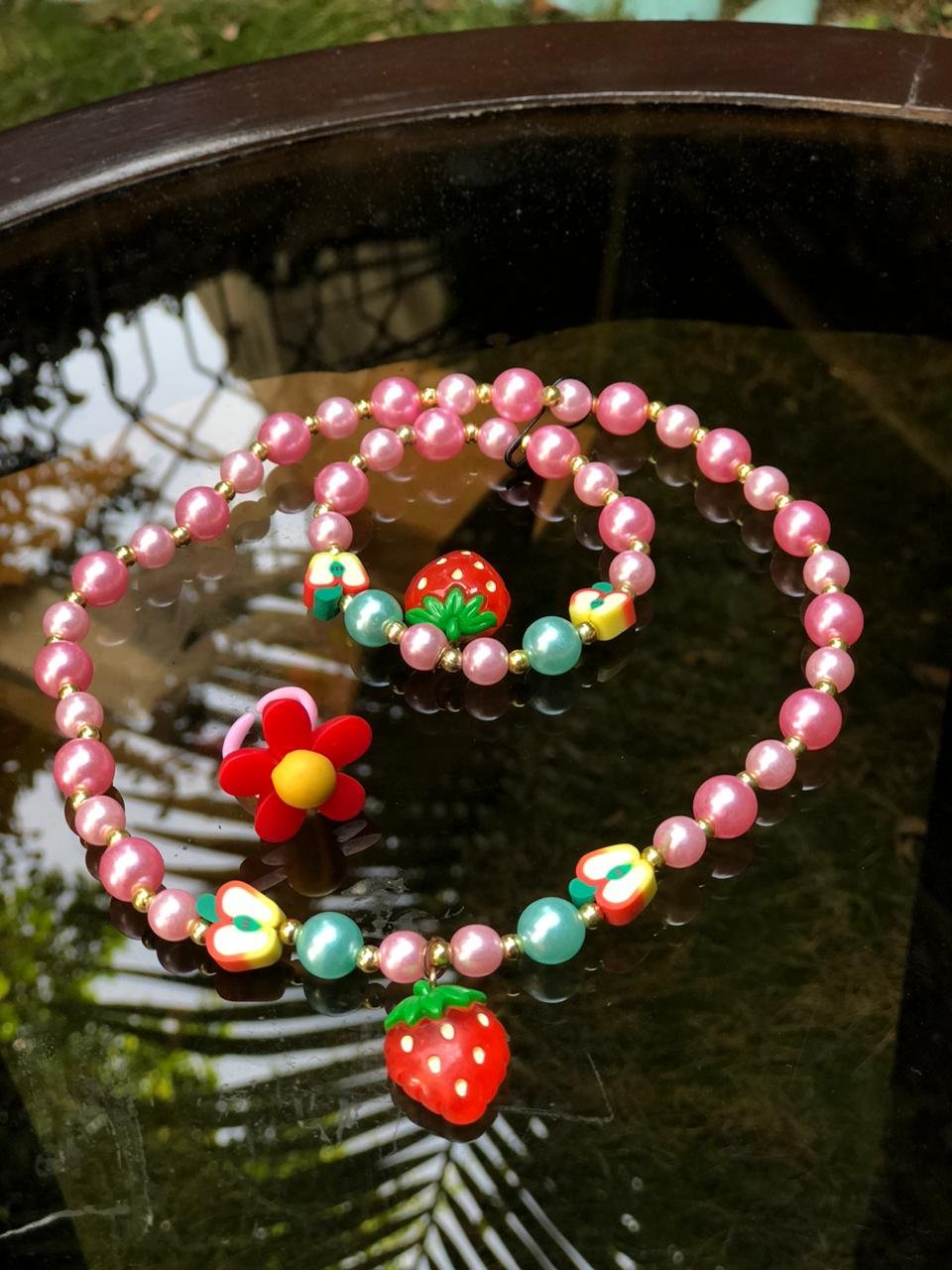 children's pink beaded strawberry necklace and bracelet jewelry set - Image 2