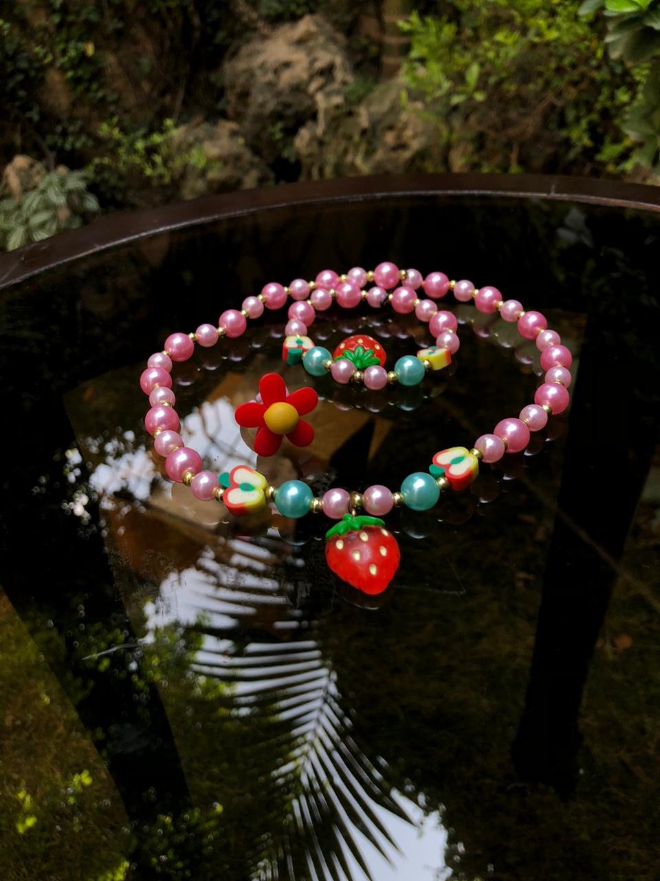 children's pink beaded strawberry necklace and bracelet jewelry set - Image 5